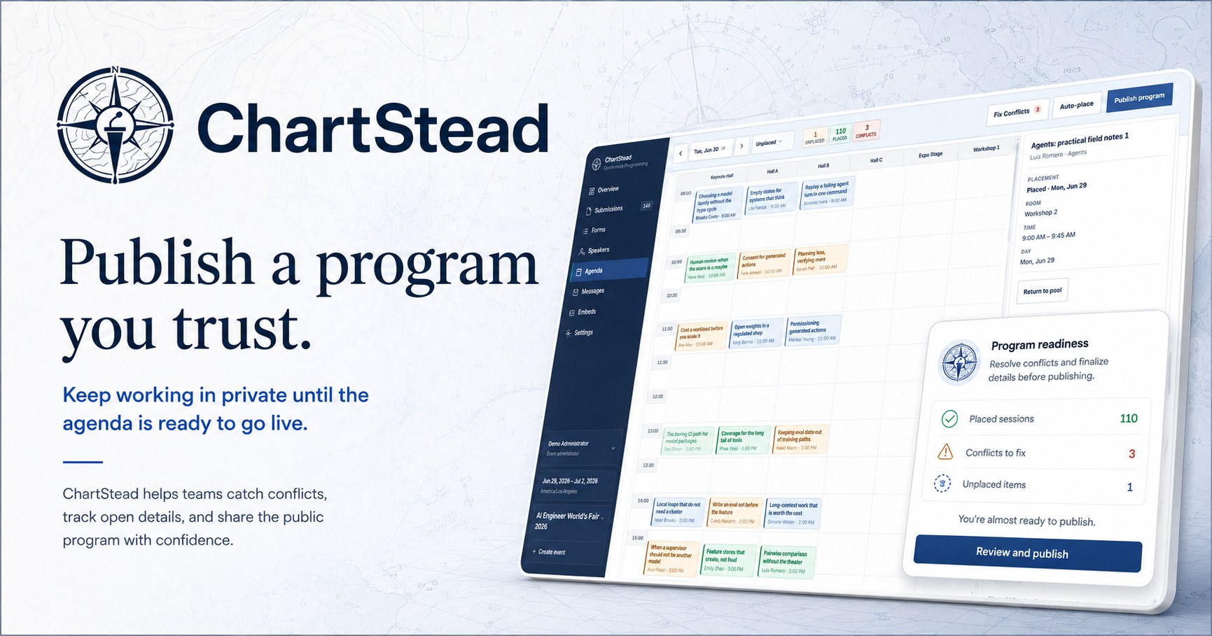 ChartStead product showcase: publish a program you trust, with agenda readiness and fictional sample data