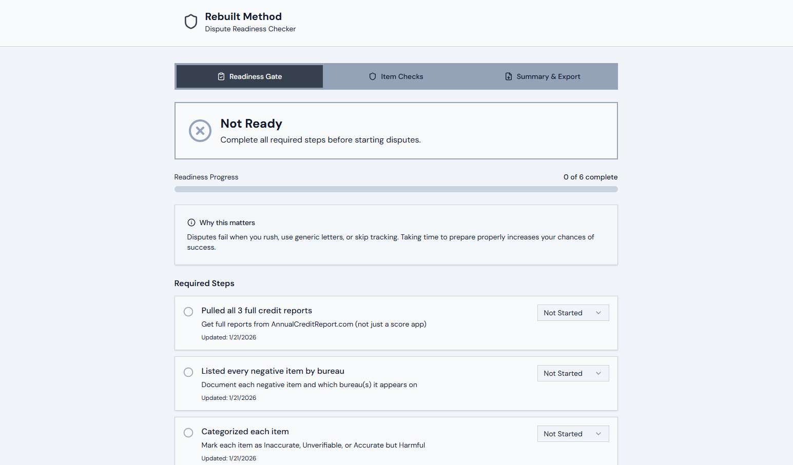 Credit Dispute Checker readiness workflow preview