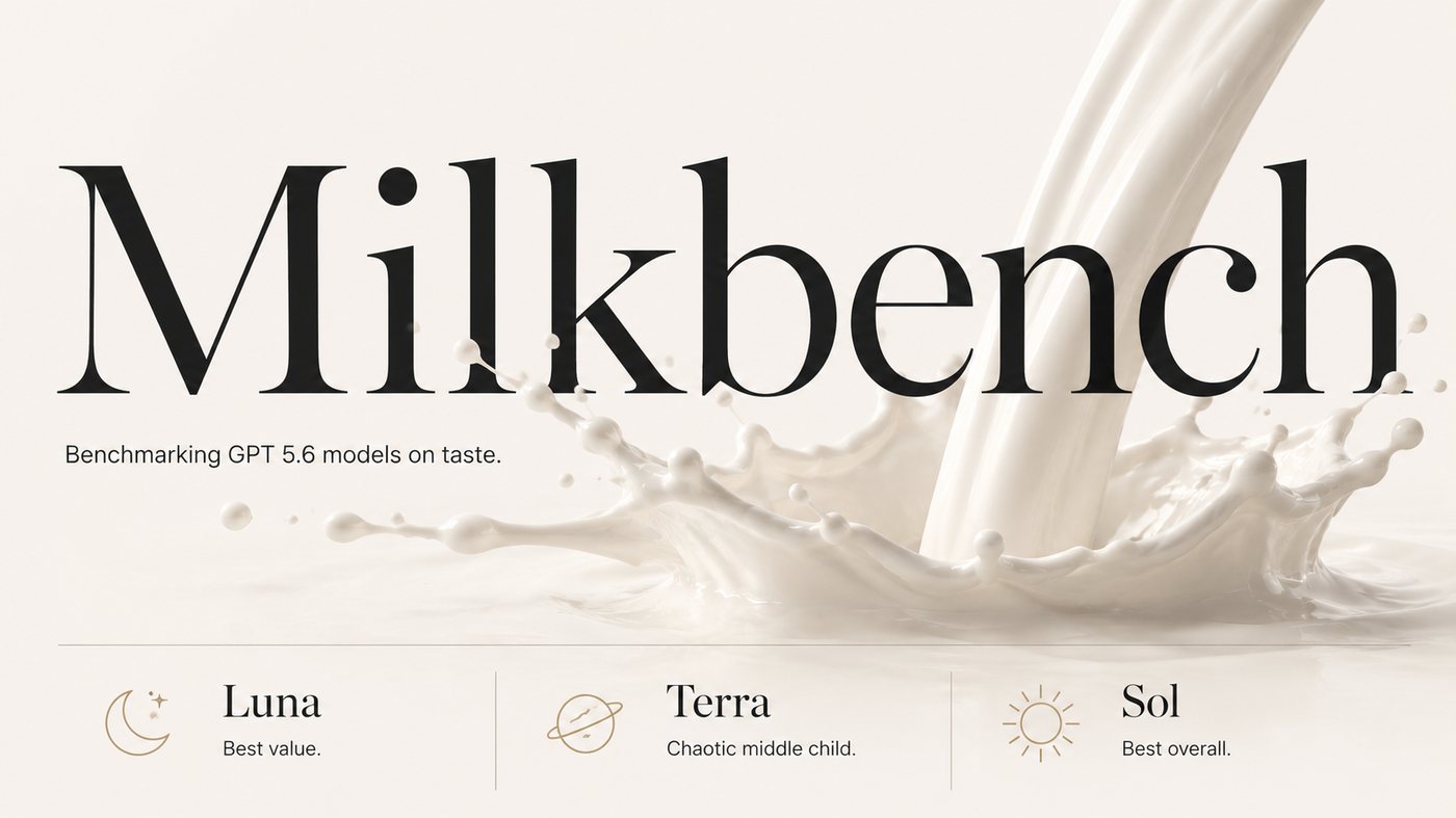 Milkbench visual with a milk pour, model names, and Luna, Terra, and Sol results.