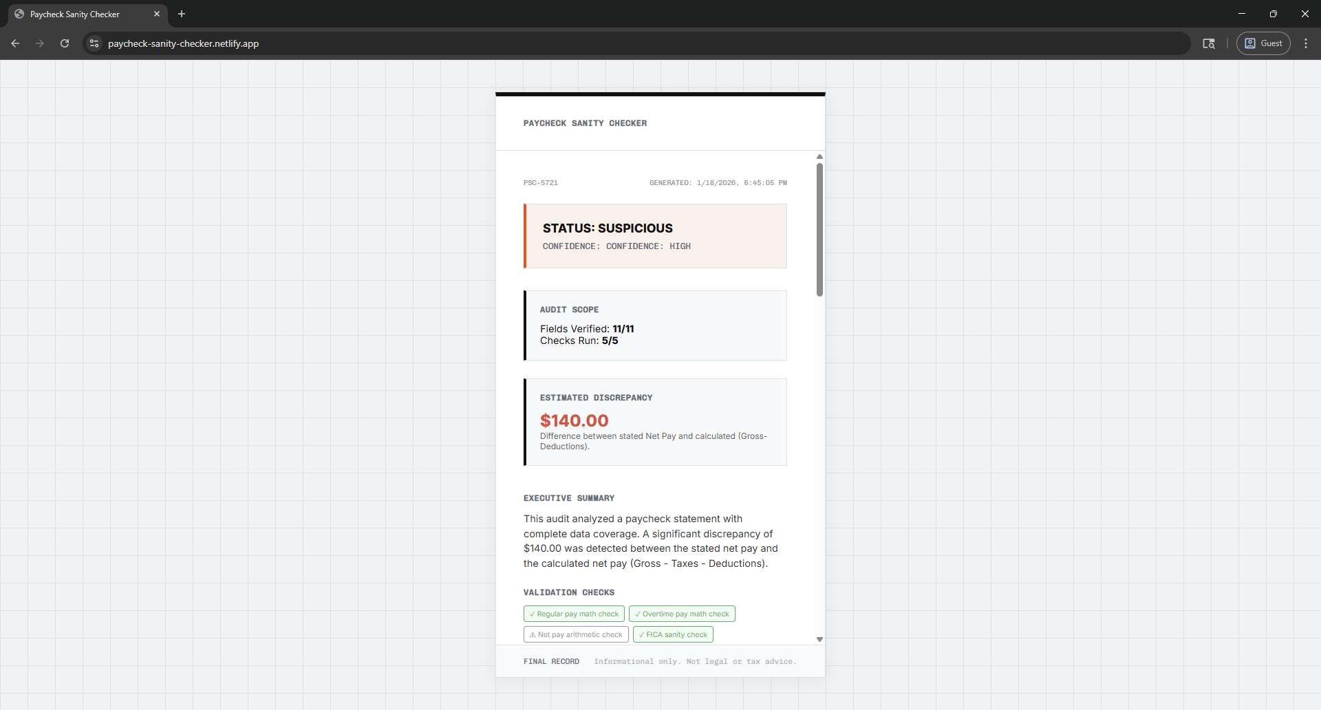 Paycheck Sanity Checker operations utility preview